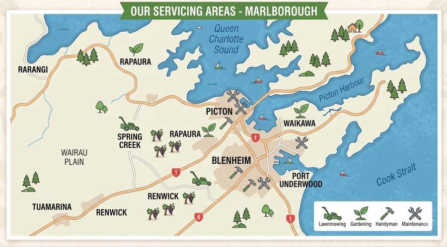 Map of Marlborough Lawns & Property Services' service area covering Picton, Waikawa, Blenheim, Renwick and Spring Creek